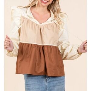 Lovelo Poplin Ruffle Tiered Brown Color Block M  Womens Blouse Top Boho Prairie